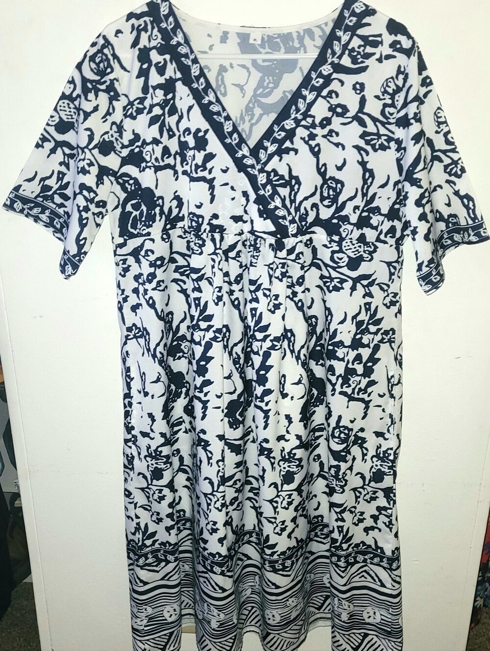 Navy and White Floral Wrap-Style Maxi Dress